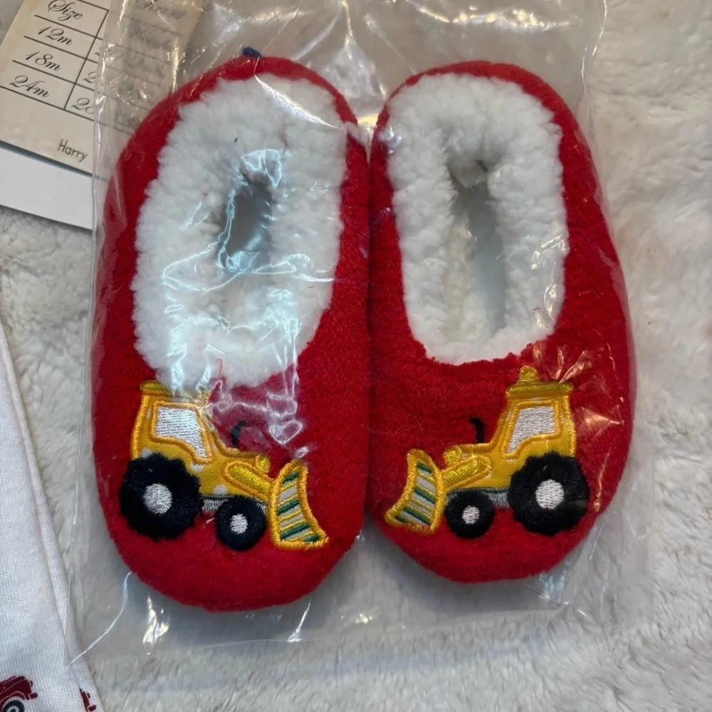 NWT Infant SET 18 months Bodysuit White w/Red Trucks & Grey Shirt & Red Slippers